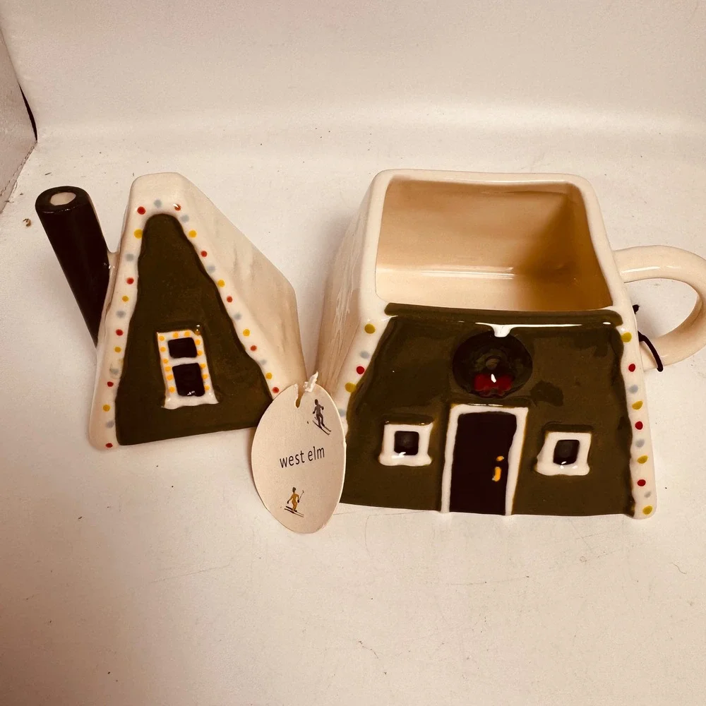 West Elm‎ A-Frame Cabin Mug with Lid Christmas Holiday Ceramic Cottage House New